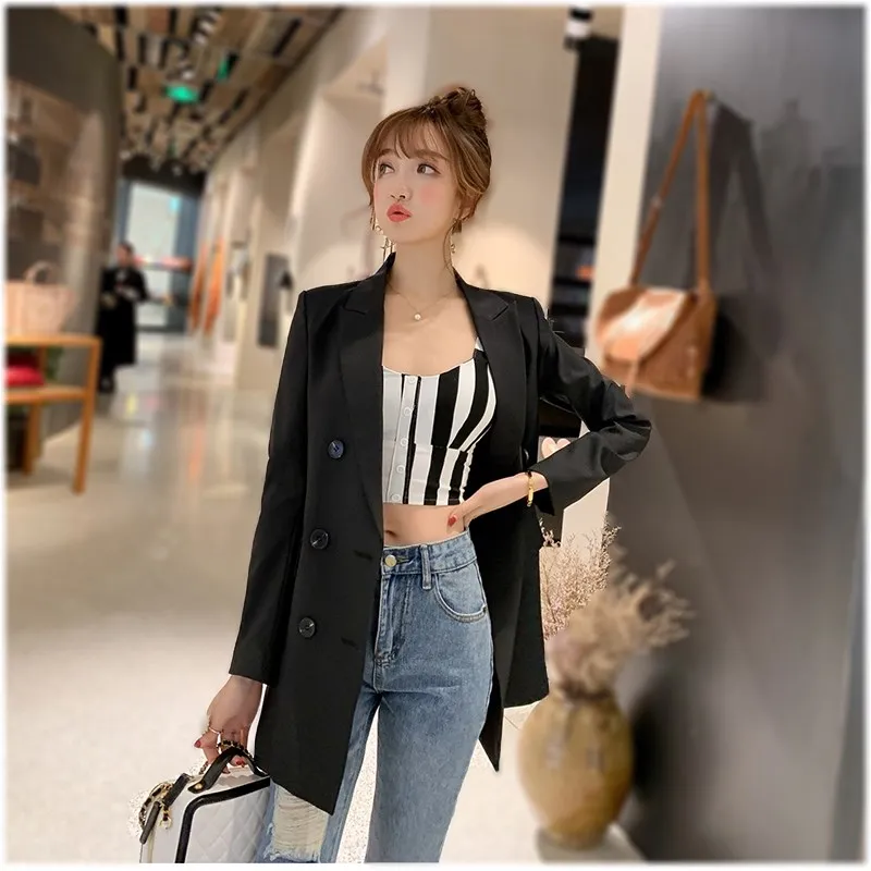 Double Breasted Spring Workwear Office Long Blazer Button Women Jacket Black Slim Outerwear