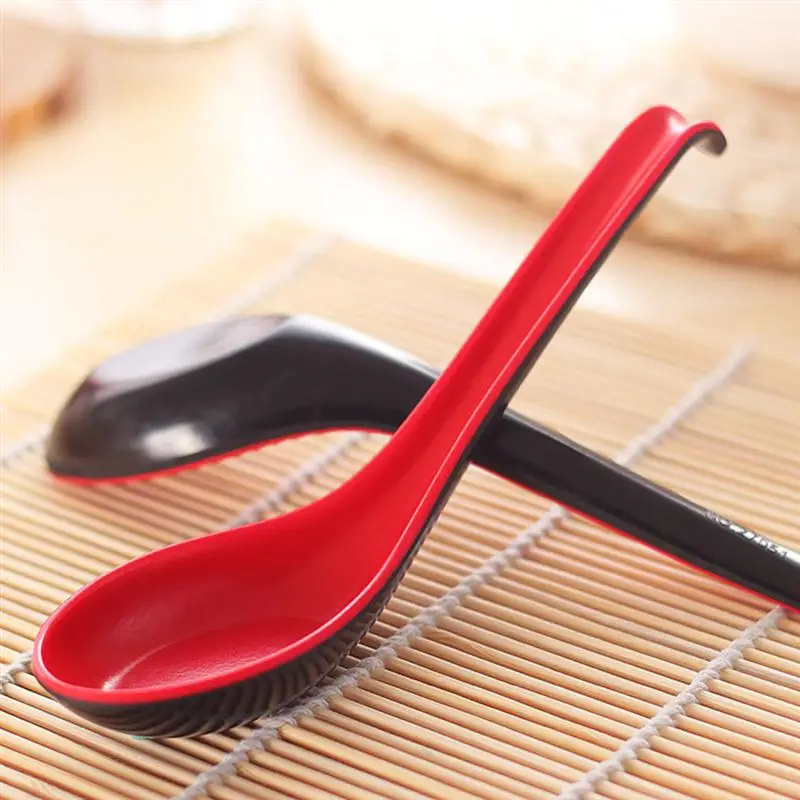 6PCS Unbreakable Soup Spoons Black and Red Long Handle Serving Spoon