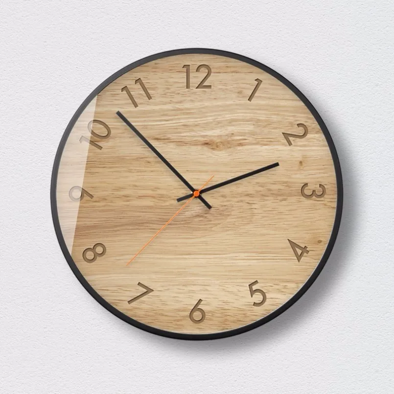 

New 3D Wall Clock Simulation Wood Ultra-quiet Movement Metal Frame Clock 12inch Precise Sweep Wall Clock Large Size Home Decor