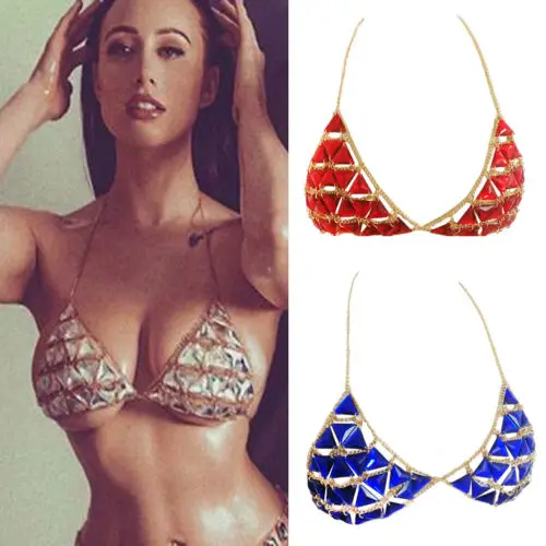 

Women Sexy Handcrafted Chest Cover Up Bra Summer Beach Exaggerated Fish Scale Sequin Party Club Halter Bra Chain Sequined Top