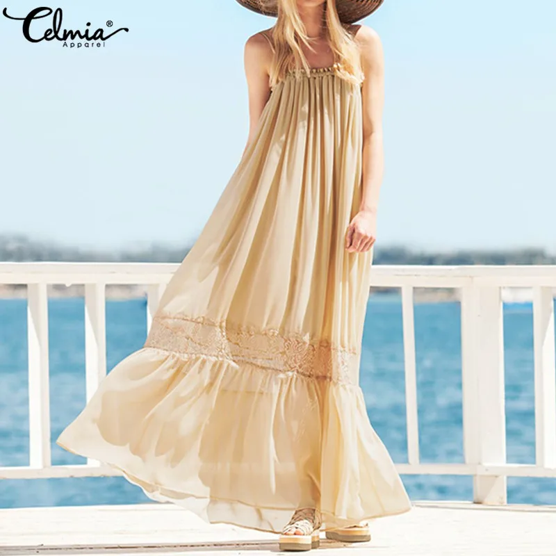 

Women Bohemian Ruffles Dress 2019 Celmia Summer Sexy Straps Lace Stitching Maxi Long Dress Plus Size Casual Solid Beach Vestidos