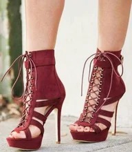 Sexy Burgundy Lace-up Platform Ankle Boots Peep Toe Cut-out High Stiletto Boots Plus Size Gladiator Sandals Boots Shoes Women Sexy Burgundy Lace-up Platform Ankle Boots Peep Toe Cut-out High Stiletto Boots Plus Size Gladiator Sandals Boots Shoes Women