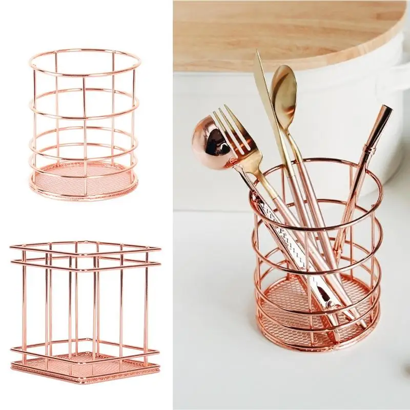 

Iron Pen Holder Container Rose Gold Storage Basket Kitchen Bathroom Sundries Storage Simple Chopsticks Box Metal Receptacle