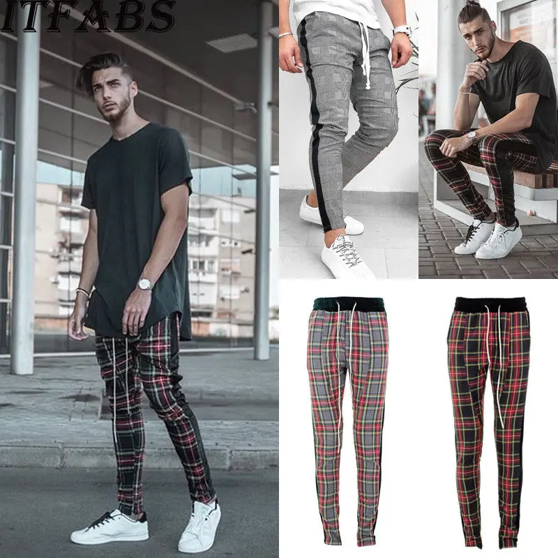 

2019 New Brand Cotton Autumn High Waist Men Tracksuit Bottoms Skinny Sweat Plaid Pant Fashion Fitness
