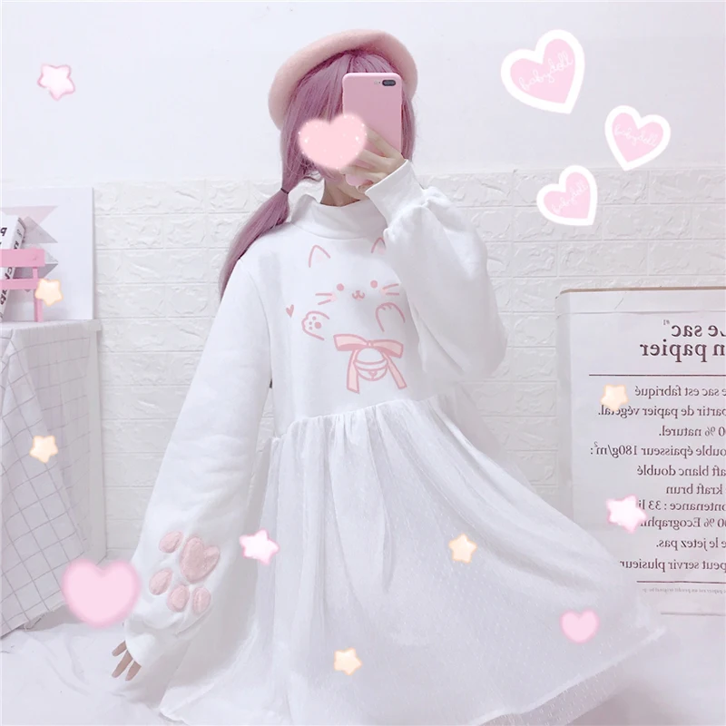

japan style sweet Women's Clothing autumn fashion New Kawaii cartoon cat paw print mesh patchwork long sleeve turtleneck dresses