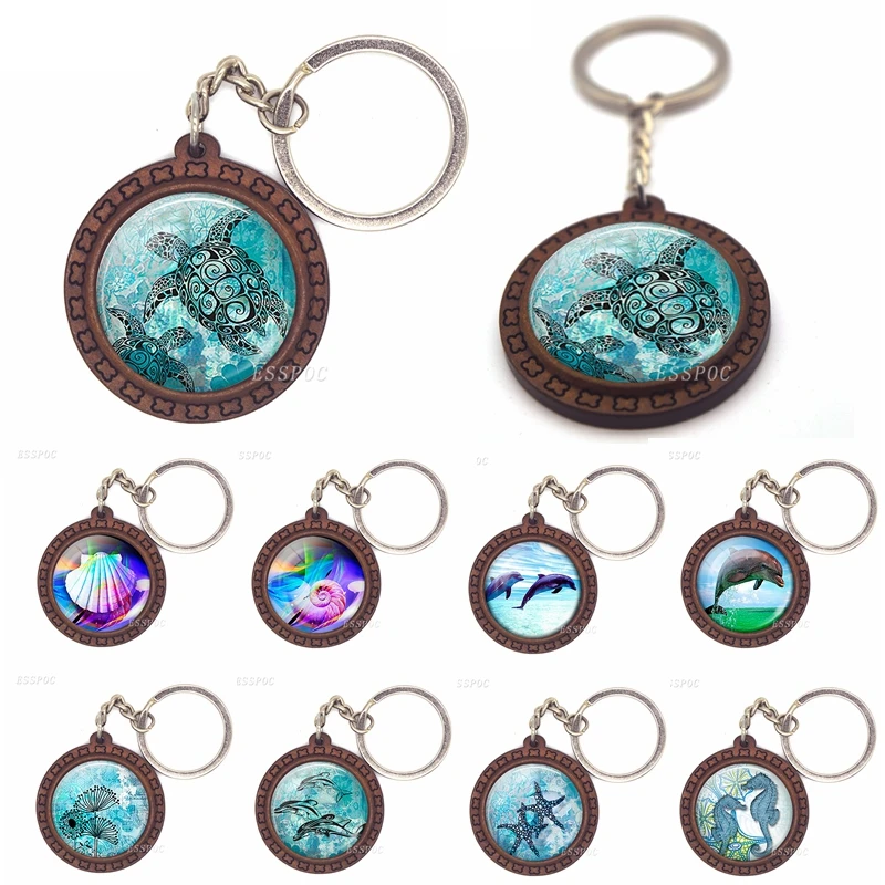 

Sea Turtle Dolphin Seashells Wooden Keychain Glass Cabochon Jewelry Women Men Car Pendant Ocean Souvenir Key Chain Ring Gift