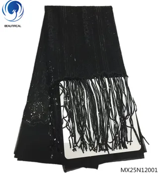 

BEAUTIFICA tulle lace fabrics sequin black french laces fabirc african sequin laces dress for wedding 5yards/lot MX25N120