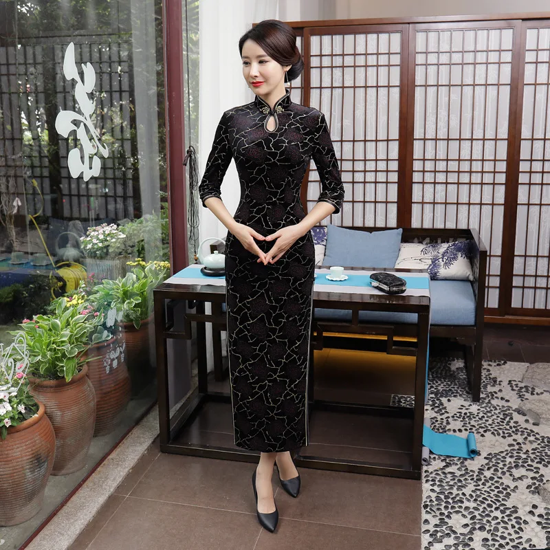 Шэн Коко китайский черный бархат Cheongsam платья для женщин улучшение длинные Шанхай женщина банкет вечернее платье золото нитки Qipao XL 4XL
