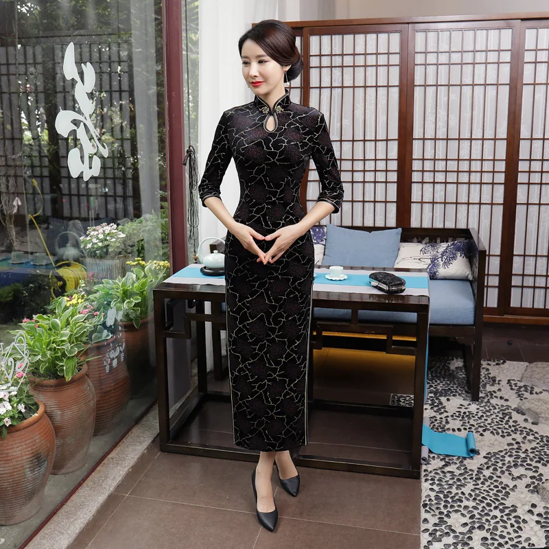 

SHENG COCO Chinese Black Velvet Cheongsam Dresses Improvement Long Shanghai Woman Banquet Evening Dress Gold Thread Qipao XL 4XL