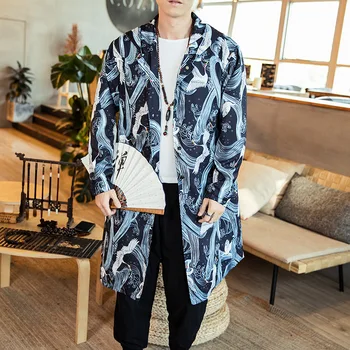 

#4379 2019 Spring Vintage Coat With Hood men Crane Print Streetwear Windbreaker Plus Size 4XL 5XL Straight Thin Long Trench Coat