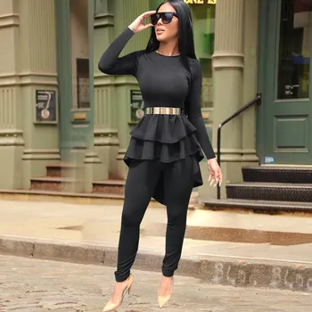 

2018 Autumn New Irregular Sexy Two Piece Set Women Fashion Ruffles Long Sleeve Tops and Pencil Pants Casual Suits