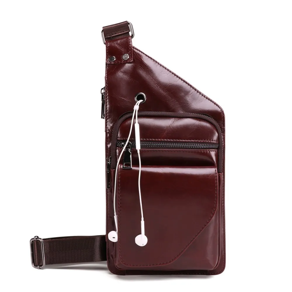 

Waist Bag Men Crossbody Bags Cow Leather Chest Bag USB Backbag With Headphone Hole Multi-pocket Travel Organizer Male Sling Bag