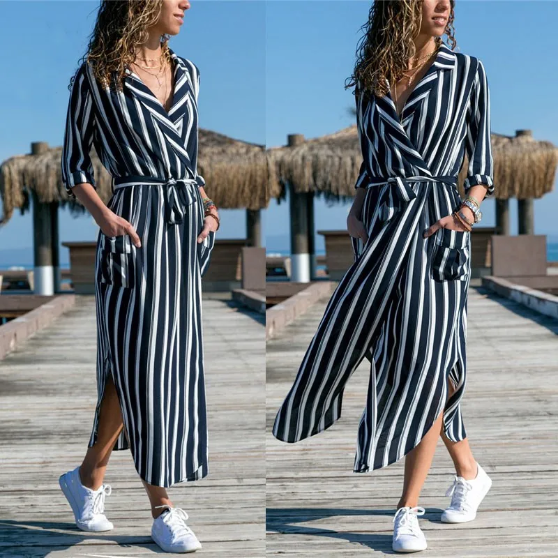 

Women Sexy V Neck Loose Dress Pocket 2019 Fall Spring Long Sleeve A-Line Casual Bandage Swing Dress Floral Printed Split Dresses