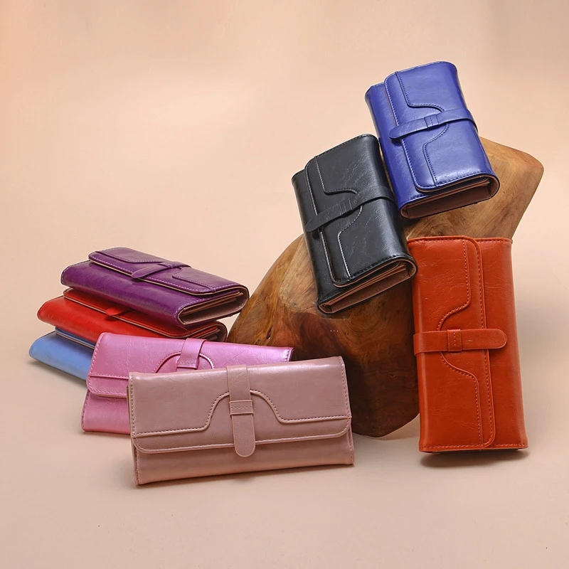 

Ladies Wallet Female Long Section Fashion Oil Wax Leather Tri-Fold Solid Color Retro Women's Wallet
