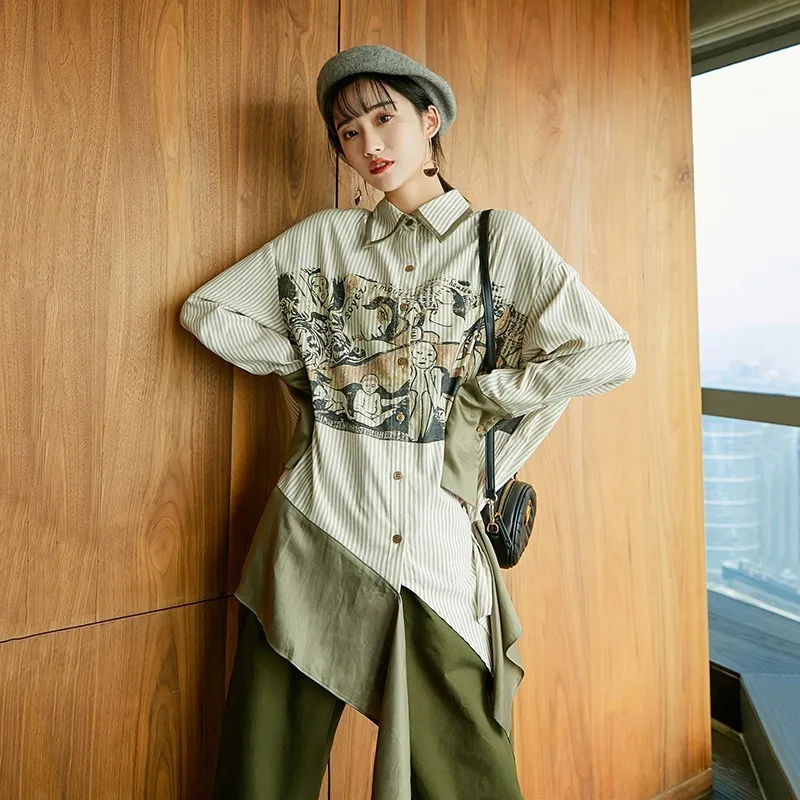 Rayas 2019 De Twotwinstyle Las Asimétrica Moda As Tops Blusa Picture Print Casuales Camisas Patchwork A Larga Mujeres Nuevo Mujer Colores Manga Tx5x0r