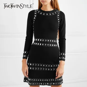 

TWOTWINSTYLE Black Knitting Dress Female O Neck Long Sleeve High Waist Rivets Mini Dresses Women Fashion Clothes 2020 Autumn