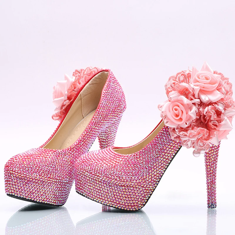 

Pink Rhinestone Wedding Shoes Pink AB Crystal Color Adult Ceremony High Heels Birthday Party Prom Shoes with Appliques Size 10