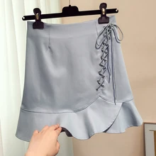 Женская юбка фасона "Русалка", модная, на шнуровке, с завышенной талией, весенняя, выше колена, мини, длина, однотонная, повседневная