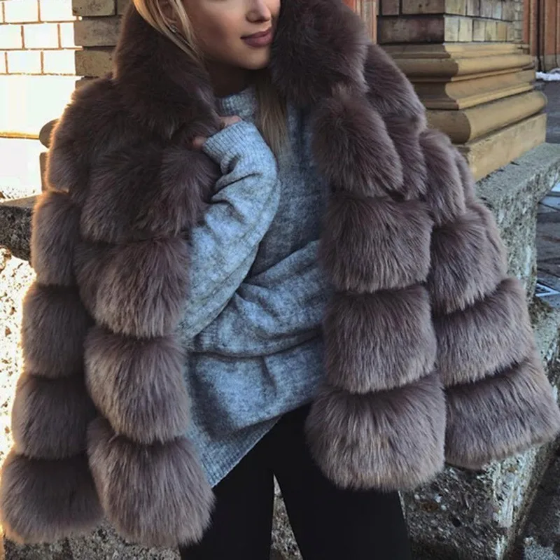 JRNNORV 2018 New Winter Coat Women Faux Fox Fur Coat Plus Size Women Stand Collar Long Sleeve Faux Fur Winter Outerwear BA0566
