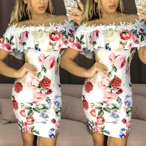 

2019 Summer Dress New Fashion Women Dresses Floral Print Off Shoulder Dress Ruffles Slash neck Sexy Beach Bodycon Mini Dresses