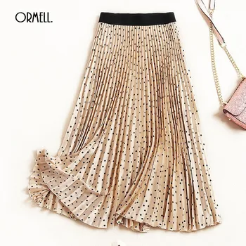 

ORMELL Point Printed Pleated Midi Skirt Women Fashion Casual Solid Female 2019 Spring Summer Slim Elastic High Waist Skirts