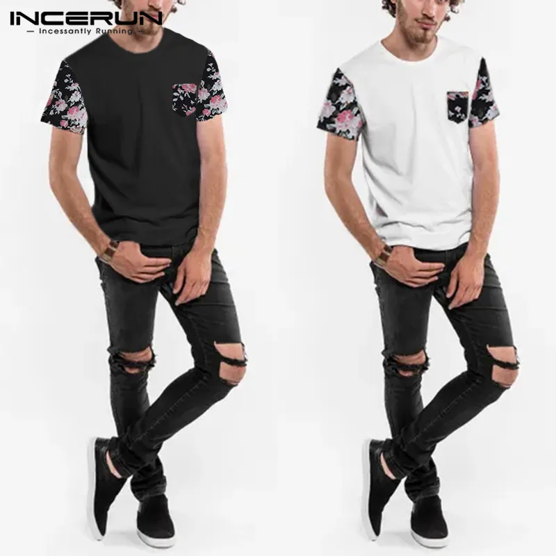 

2019 Male Mens T-shirt Chest Pockets Floral Loose T Shirt Slim Fit Short Sleeve Tee Leisure Tee Tops Masculina 5XL Chic Vacation