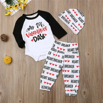 

my 1st valentines Newborn Kids Baby Boys Girls Romper Bodysuit Long Pants Hat Outfits Clothes Set