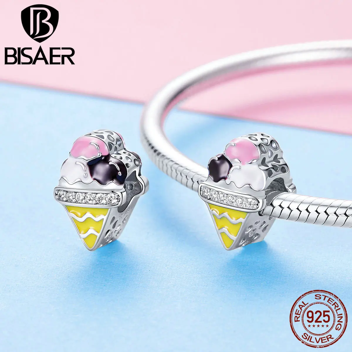 

BISAER Hot Sale Charms 925 Original Cute Colorful Ice Cream Love Clip Charm Fit Pan Sterling Silver Charm Jewelry Party HSC1129