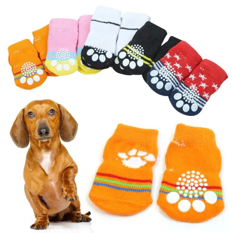 Hot Sale 4pcs/lot Indoor Pet Dog Soft Socks Cotton Anti slip Knit Weave