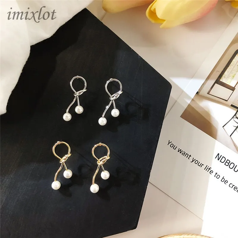 

Simple Gold Color Line Fashion Tie Earrings for Women Geometric Imitation Pearls Stud Earrings Aretes de Mujer Modernos