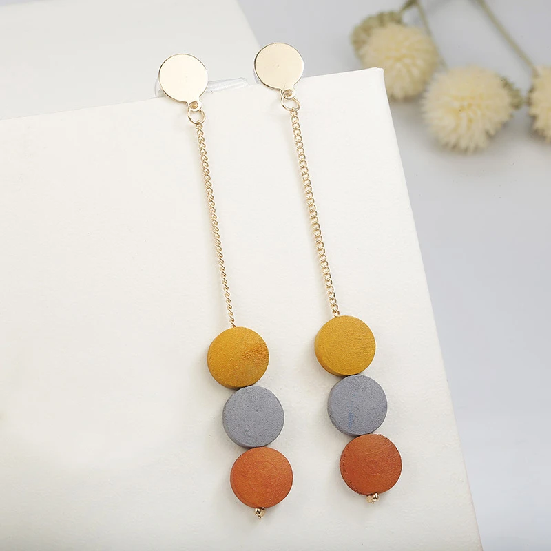 

Long Tassel 2019 New Arrival Drop Earring 1Pair New fashion coloured Multicolor High Quality Wood Fashion Jewelry Simple Round