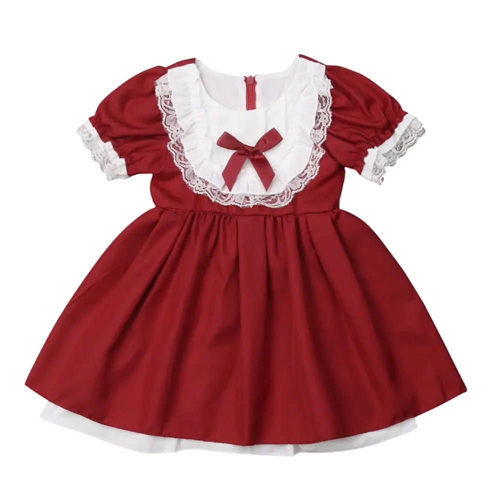 Милые винтажные вечерние платья-пачки принцессы в стиле ретро на Рождество для маленьких девочек, с кружевами, в стиле пэчворк Плиссированное красное платье трапециевидной формы, одежда
