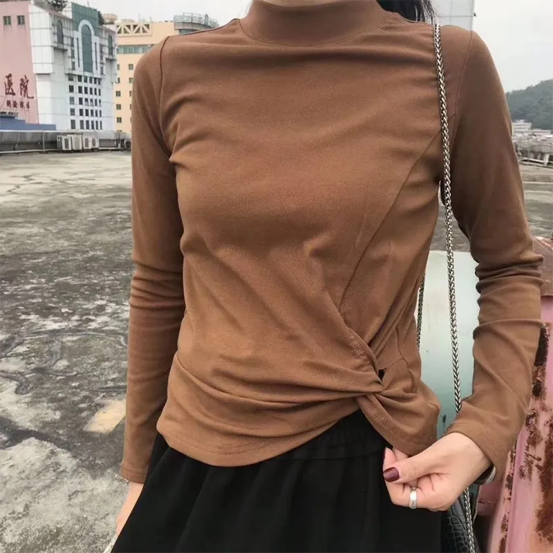 

TWOTWINSTYLE Plus Thick Slim T-shirt For Women Turtleneck Long Sleeve Waist Cross White Pullover Tops Female 2019 Autumn Fashion
