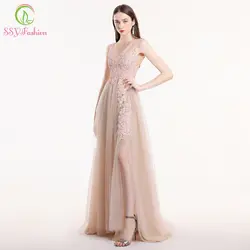 SSYFashion Новый телесный розовый кружево платье для выпускного вечера халат De Soiree Сладкий рукавов развертки поезд аппликации бисер Формальные