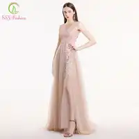 SSYFashion New Nude Pink Lace Prom Dress Robe De Soiree Sweet Sleeveless Sweep Train Appliques Beading Formal Prom Gown Custom