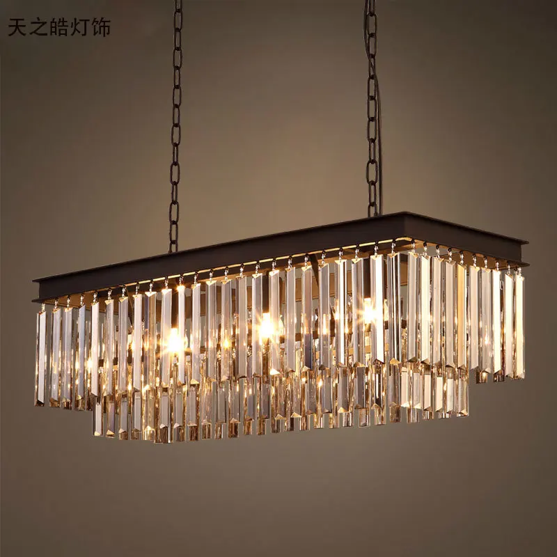 

Rh American Vintage Crystal Rectangular Iron Pendant Light Hotel Living Room Dining Room Bedroom Bar Art Cafe Hanging Lighting
