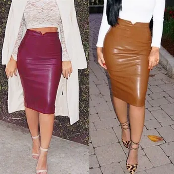 

2019 Sexy Women Faux PU Leather Skirt Solid Color Bodycon Skirts Elegant Ladies Midi Pencil Skirts Office Casual Slim Clubwear