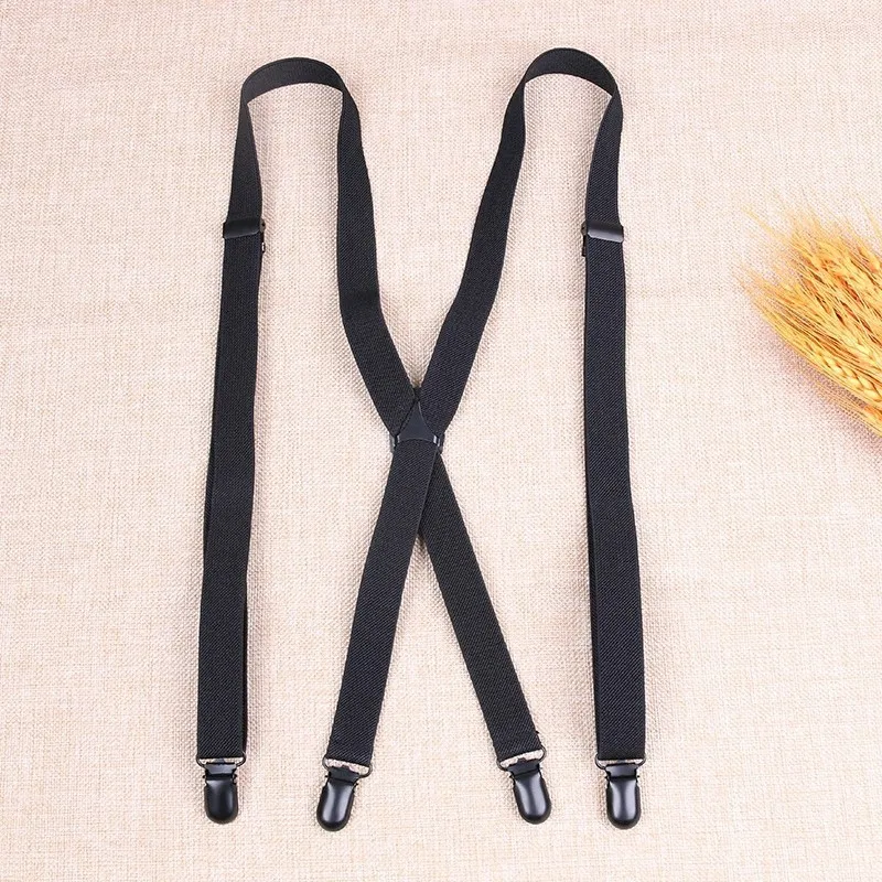 2cm X Back Metal Cross Black Plating Buckle Solid Fashioin British Style 4 Clips Strap Leather Men's Suspenders Elastic