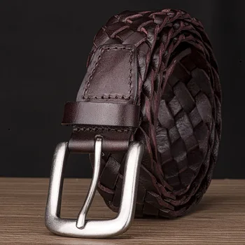 

2020 Vintage Woven Pattern Belt Men's Cowskin Leather Pin Buckle Grain Pure Leather Versatile Leisure Belt 62011