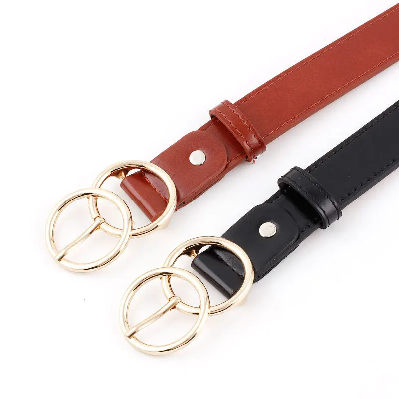 

New Pattern Casual Eyelets PU Leather Belt For Women Female Gold Round Pin Buckle Wide Jean Waist Belt Double Loop Pin Buckle