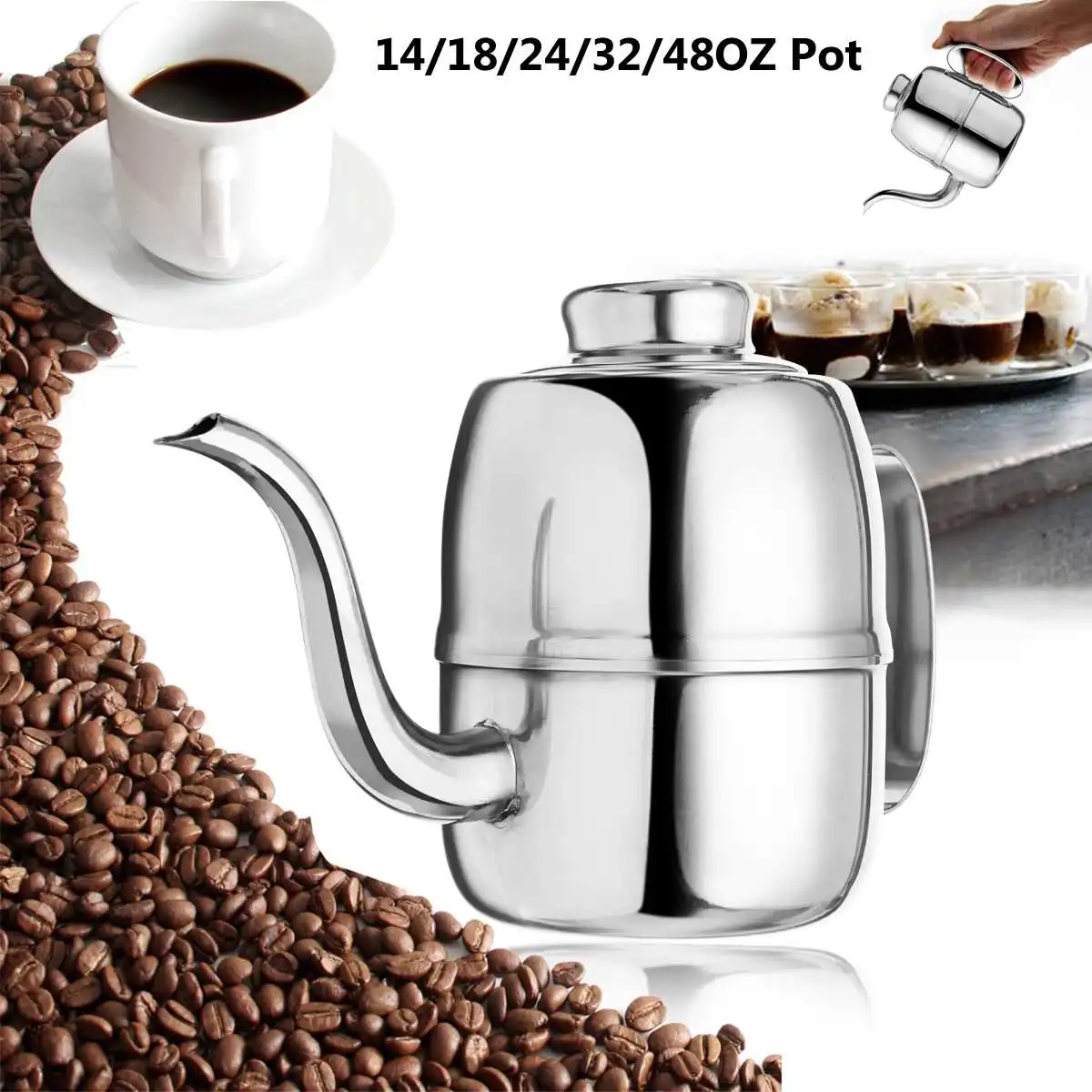 14/18/24/32/48oz Stainless Steel Long Spout Drip Coffee Pot Italian