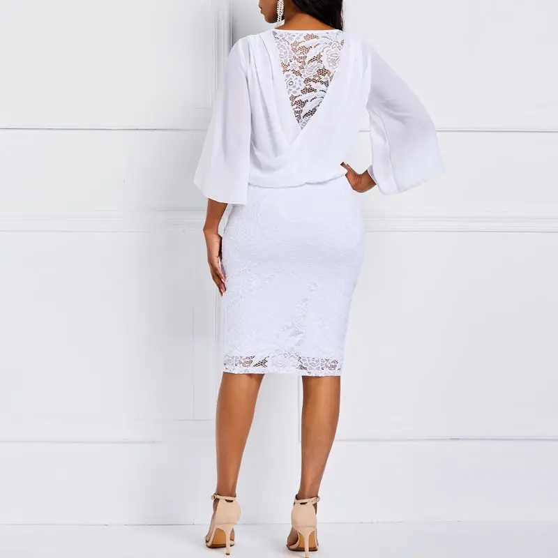 

Women Midi Dresses Elegant Casual Office Lady White Simple Bodycon Solid Lace Summer Party 2019 Female Fashion Vintage Dress