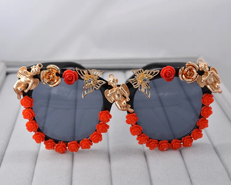 Новые брендовые дизайнерские солнцезащитные очки в стиле барокко с большой оправой для женщин, индивидуальные солнцезащитные очки в виде ангела и бабочки, Модные женские солнцезащитные очки с цветком