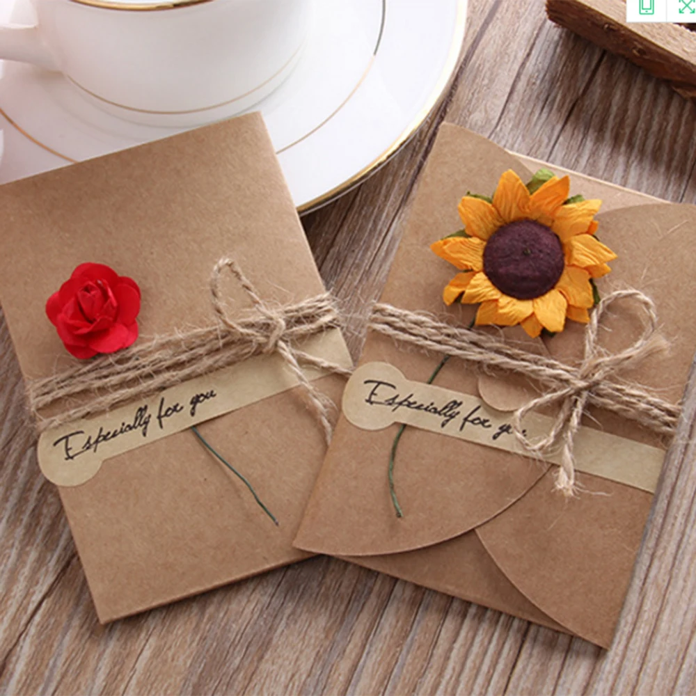  DIY Retro Kraft Paper Handmade Dried Flower Greeting Card Invitations Cards Kits for Wedding Bridal - 32995310464