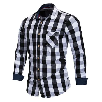 

Checkered Shirt Men Plaid Shirt Black and White 2019 Spring New Long Sleeve Cotton Shirt Slim Fit Casual Style Man Clothes