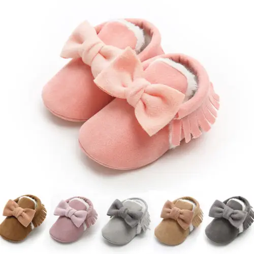 Милые детские зимние сапоги для новорожденных мальчиков и девочек, зимняя теплая плюшевая обувь с бабочкой и кисточками для малышей, Размер 0-18 месяцев