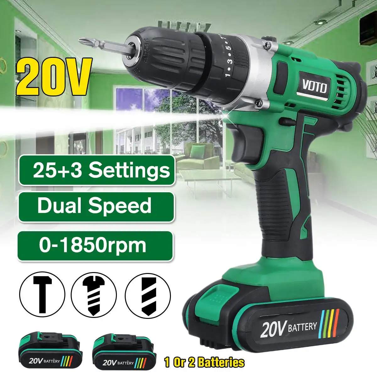 

20V Electric Screwdriver Lithium Battery Multi-function 2-Speed Cordless Impact Drill Power Tools+Storage Box