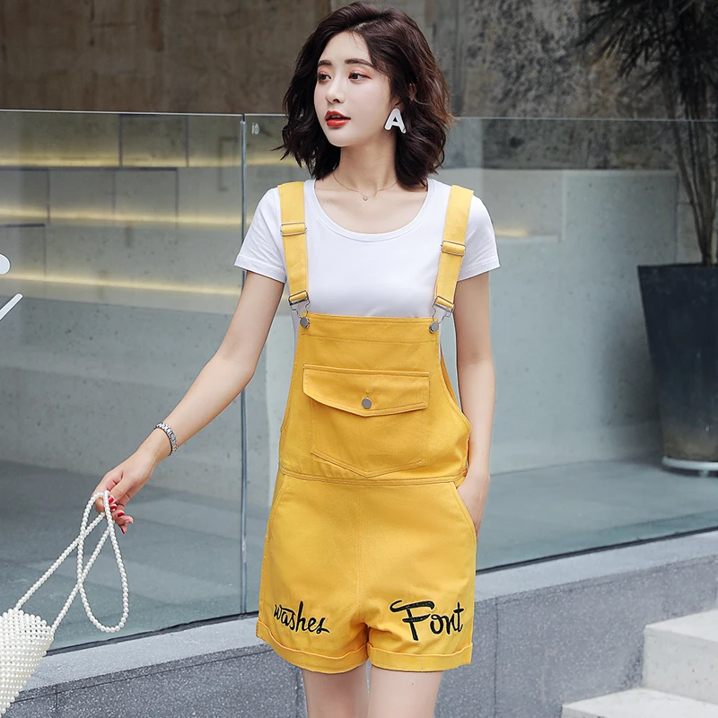 

Short Denim Overalls Women Summer Lovely Jumpsuits 2019 Spring Jeans Overalls Solid Letter Embroidery Jumpsuit Casual Playsuit