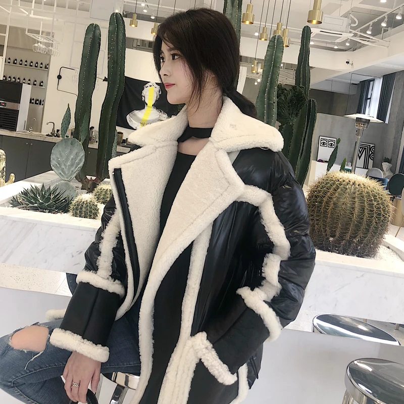 Verni Mode Blanc Fourrure Manteau black Silver Cuir Femmes 2018 Dos Mouton Ptslan Veste space Duvet Moutons White Canard Atmospheric Nouvelles De And En Hiver Peau P4885 Laine Black W6g8WpqvY