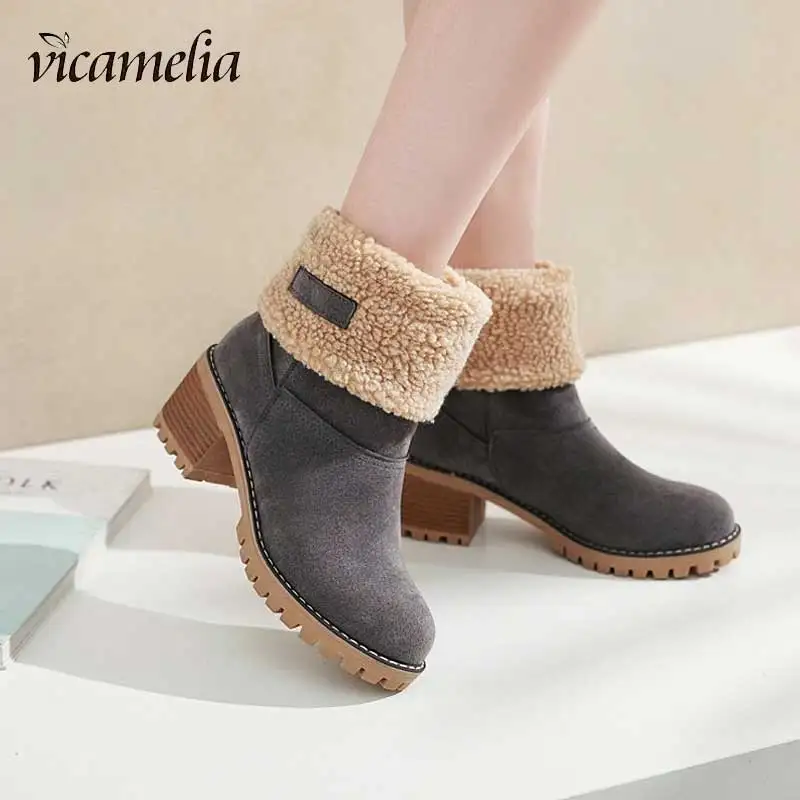 

Vicamelia Winter Boots Women Fur Warm Ski Snow Boots Square Heels Female Ankle Boots Duck Furry Boots Shoes Woman 2018 New 751